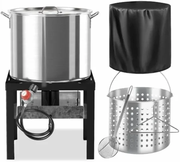 100QT Seafood Boil Pot with 80QT Basket | Dust Cover | 16 - Inch Skimmer | Crawfish Boiler & Crab Boil Pot | 110, 000BTU Jet - Burner | 20PSI CSA Certified Regulator | Ideal for Outdoor Cooking