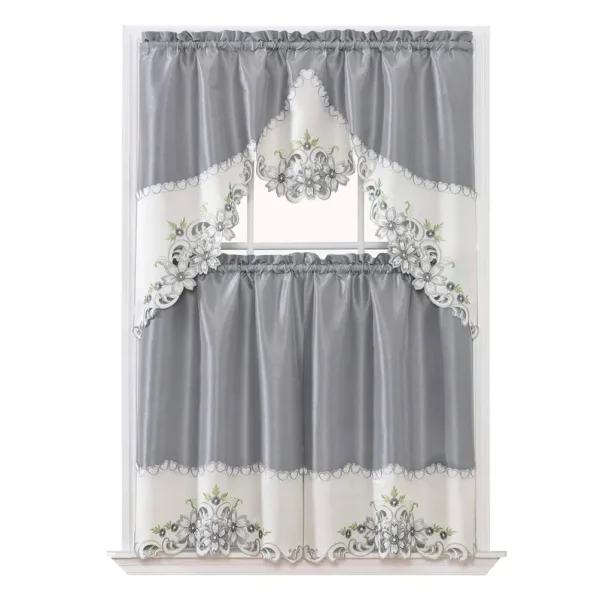 GOHD Arch Floral Kitchen Curtain Set/Swag Valance & Tier Set. Nice Matching Color Floral Embroidery on Border with Cutworks (Silver Grey)
