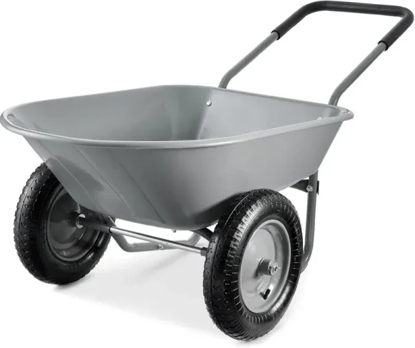 ZZJP Dual - Wheel Home Utility Yard Wheelbarrow Garden Cart W/Built - in Stand for Lawn, Gardening, Construction - Gray