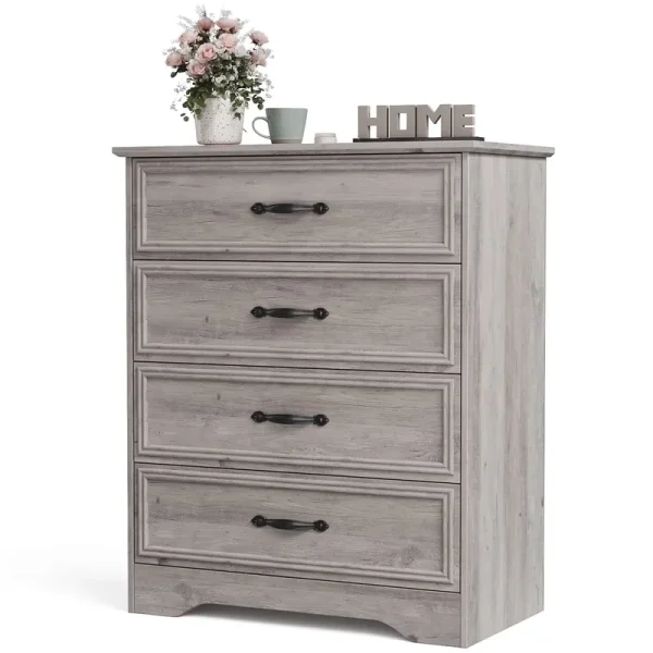 Holliwill 4 Drawer Dressers for Bedroom, Modern Wood Chest of Drawers Storage Cabinet for Living Room, Hallway, Gray