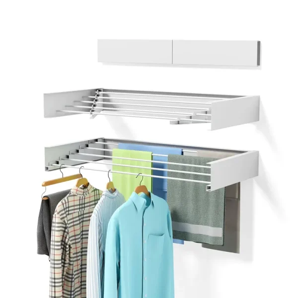 Laundry Drying Rack Collapsible, Wall Mounted, Clothes Drying Rack, 31.5" Wide, 13.2 Linear ft, 5 Aluminum Rods, 60 lb Capacity, Laundry Racks for