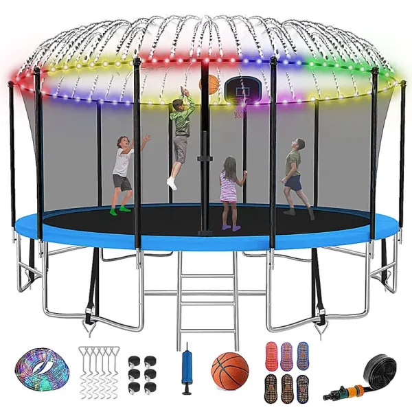 Fiziti Trampoline with Basketball Hoop & Enclosure, 2000 lb 12FT 14FT 16FT Trampoline for 6 - 8 Kids and Adults, Outdoor Backyard Trampoline with Light, Hose, Ladder, Socks