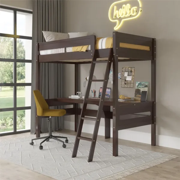 DHP Harlan Twin Size Loft Bed with Desk and Ladder, Espresso