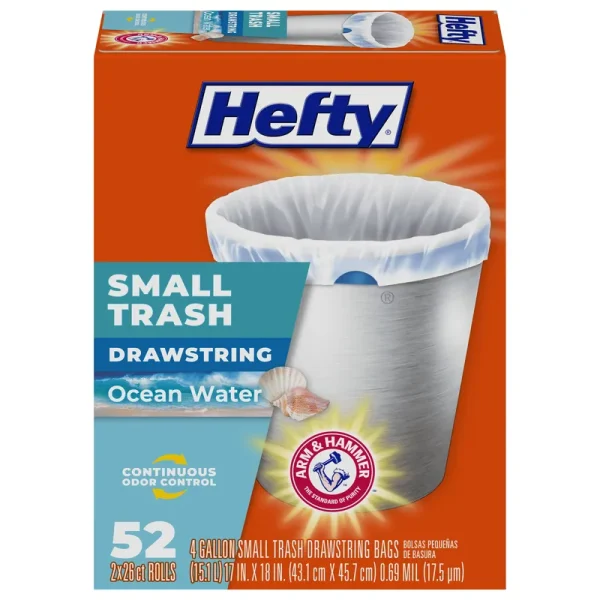 Hefty Trash Bags, Drawstring, Ocean Water, Small Trash, 4 Gallon - 2 - 26 rolls [52 bags]