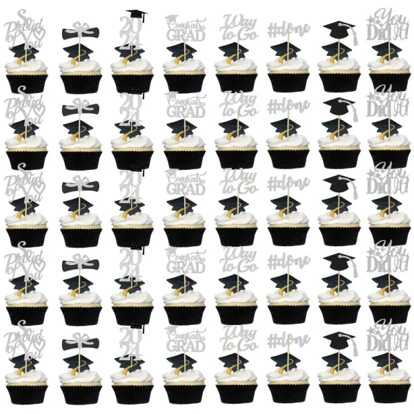 Graduation Cupcake Toppers 2024 Silver,Glitter Class of 2024 Cupcake Toppers Supplies,Class of 2024 Congrats Grad Cap Diploma Cupcake Picks for Gradua
