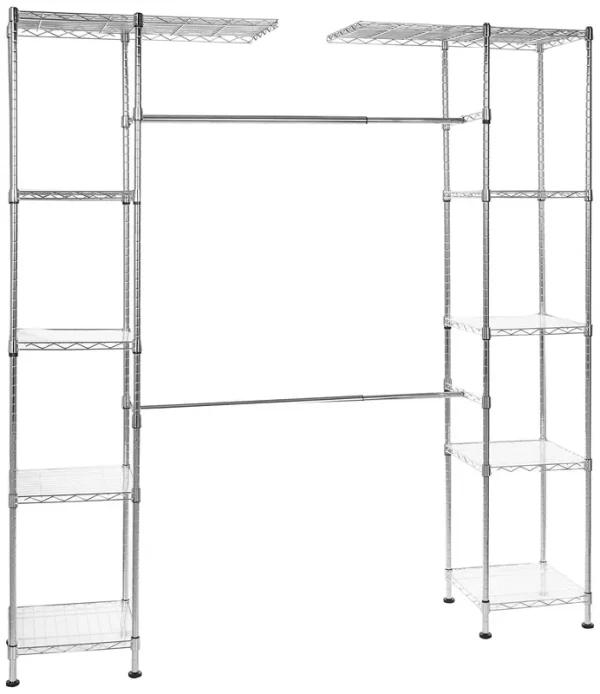 Basics Expandable Metal Hanging Storage Organizer Rack Wardrobe with Shelves 14 inch-63 inch x 58 inch-72 inch Chrome