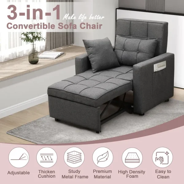 Tolead 3 - in - 1 Convertible Sofa Bed Sleeper Chair with Adjustable Backrest, Gray