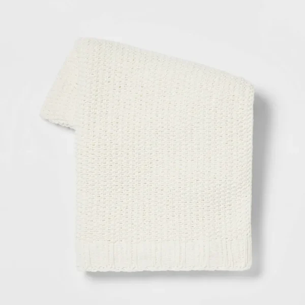 Threshold Solid Chenille Knit Cream Throw Blanket | Target