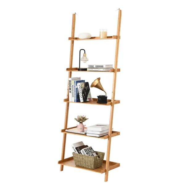 Costway 5 - Tier Ladder Shelf Bamboo Bookshelf Wall - Leaning Storage Display Plant Stand
