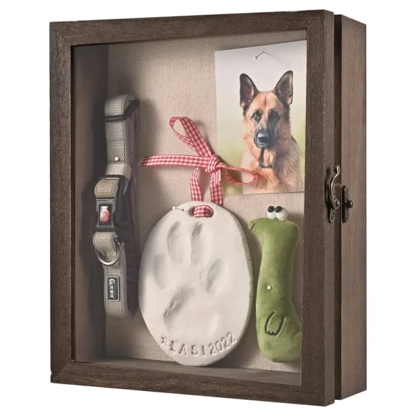 Gognlvn Pet Memorial Shadow Box with Clay Paw Print Impression Kit,Dog Wood Picture Frame Ornament As Loss Pet Keepsake and Gifts for Pet Lover