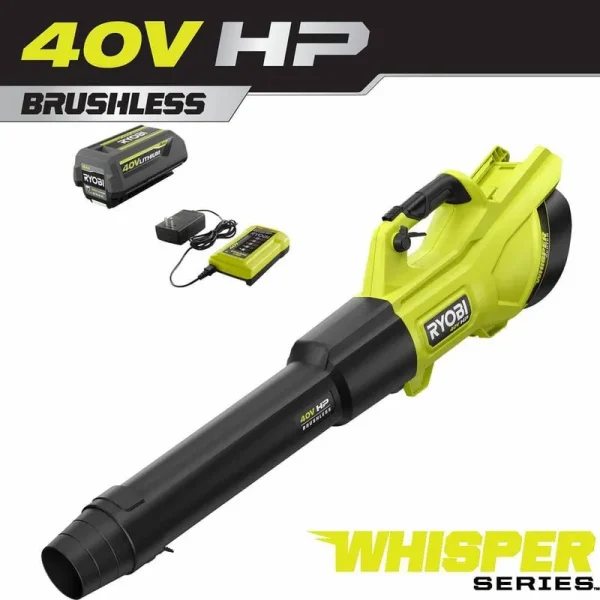 Ryobi RY404130 40V HP Brushless Whisper Series 155 MPH 600 CFM Cordless Battery Leaf Blower with 4.0 Ah Battery and Charger