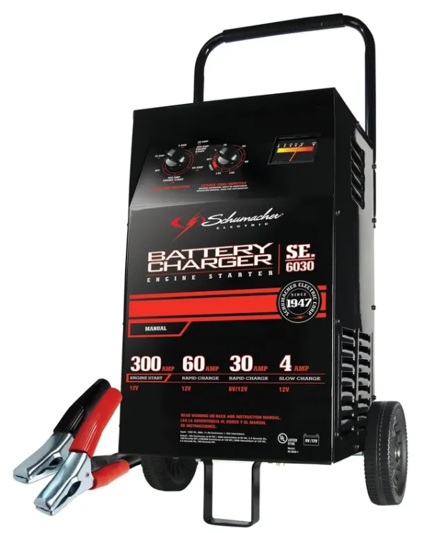 Schumacher Electric Wheeled Battery Charger and Engine Starter. SC1446. 2-in-1. manual timer control. 300 crank amps. 6 volts. 12 volts. for car. SUV. truck and Marine batteries