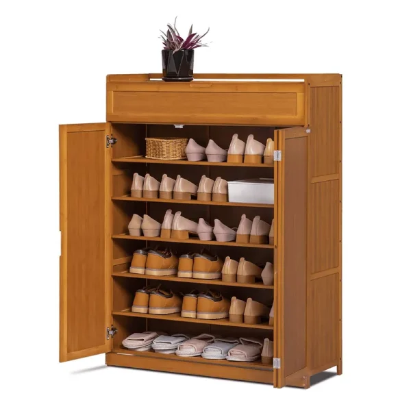 Magshion Bamboo 7 Tier Organizer Cabinet with Folding Door 35 Pairs of Shoes Rack Brown for Home