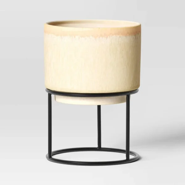 Medium Ceramic Glazed Indoor Outdoor Planter Pot with Stand Ivory 6.1"x6.1"x8.15" - Threshold