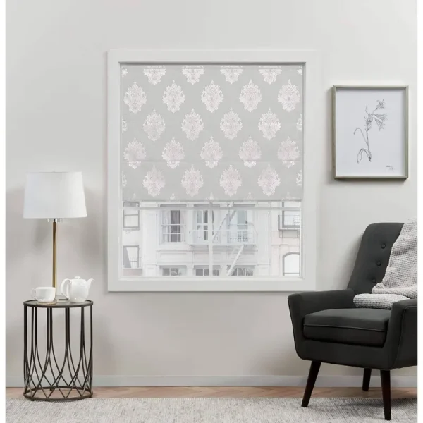 Exclusive Home Curtains Marseilles Damask Blackout Roman Shade, 23 inch x 64 inch, Silver