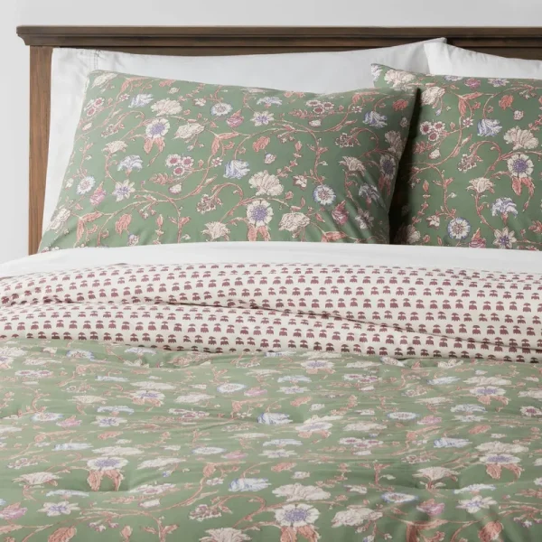 3PC Full/Queen Boho Reversible Printed Comforter & Sham Set Green Floral - Threshold