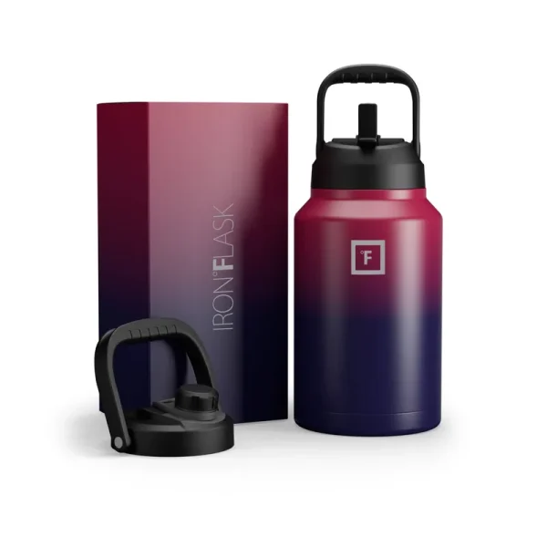 Iron Flask One Gallon Water Bottle with Straw and Spout Lids Dark Rainbow