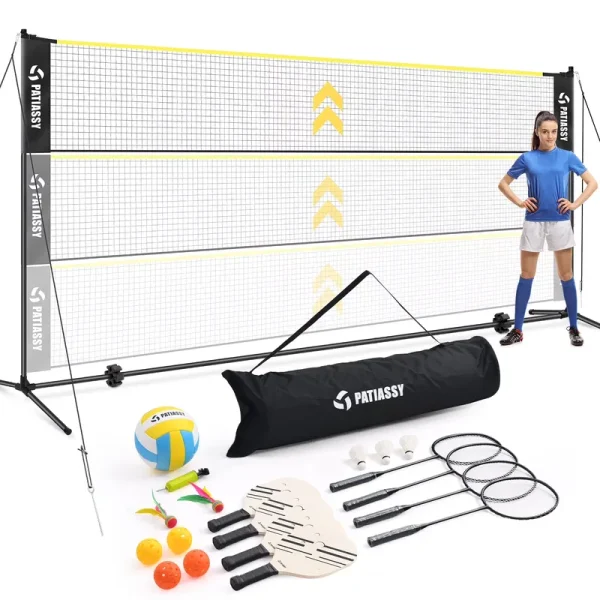 Patiassy 5.1ft - 7.4ft Adjustable Height Volleyball Badminton Pickleball Net Set with Poles, 4 Rackets, 3 Shuttlecocks, 4 Pickleball Paddles, and Volleyball