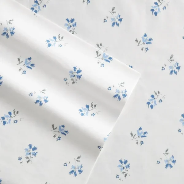 Full Printed Pattern Percale Cotton Sheet Set Blue Floral - Stone Cottage