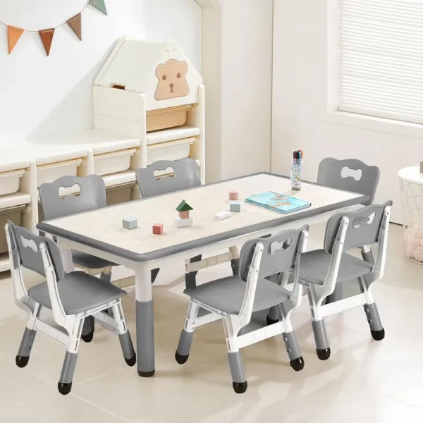 Twister.ck Kids Table and Chairs Set, Height Adjustable Toddler Table and 6 Chair, Multi - Activity Table with Graffiti Desktop for Ages 2 - 10, Children Activity Table for Daycare, Classroom, Home, Gray