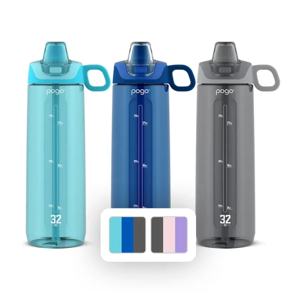 Pogo 32oz Tritan Water Bottles, 3-Pack (Sky, Blueberry, Gray)