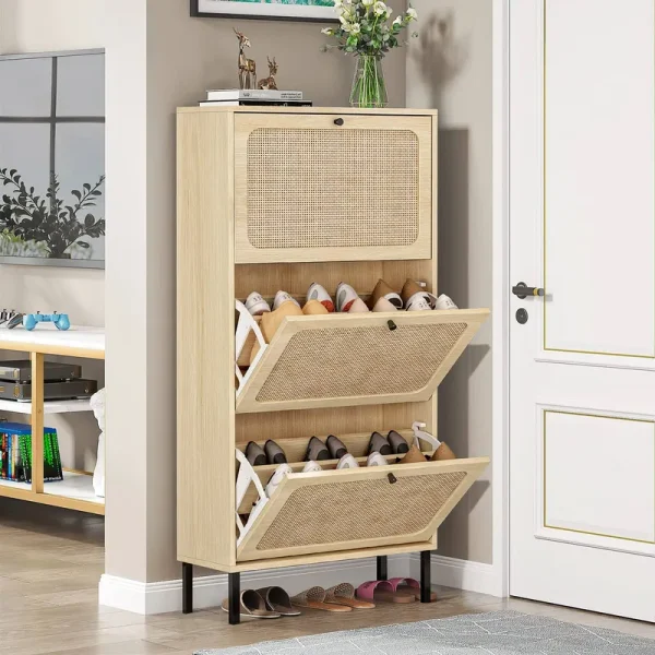 Sweiko 3 Flip Drawer Shoe Cabinet Natural Rattan Shoe Cabinet Organizer Freestanding Wooden Shoe Rack Storage Cabinet with Metal Legs for Entryway