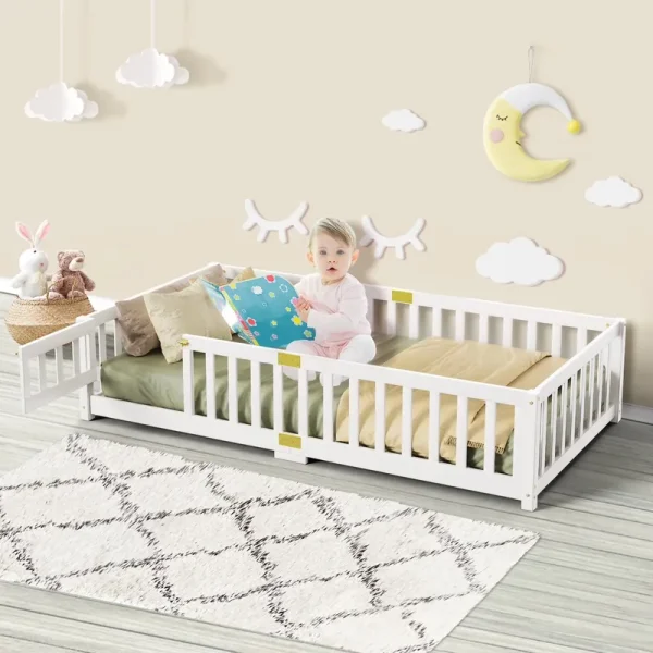 Slsy Twin Size Toddler Floor Bed, Solid Wood Montessori Bed Frame with Fence & Door Montessori Floor Bed Crib with Safety Guardrails for Girls and Boys