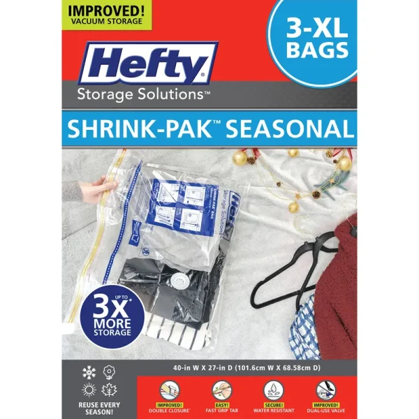 Hefty Shrink-Pak - 3 Extra Large Vacuum Storage Bags for Storage for Clothes, Pillows, Towels, or Blankets - Space Saver Vacuum Sealer Bags Ideal
