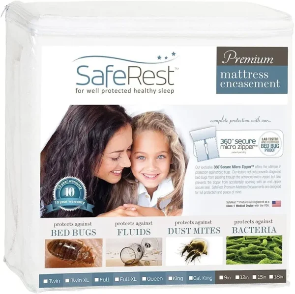 Saferest Premium Mattress Encasement - 100% Waterproof Bed Bug Proof Hypoallergenic Multiple Sizes - 360 Secure Micro Zipper - 10-Year Warranty