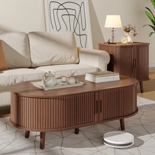 Oval Coffee Table, 42.5" Drum Coffee Table with Sliding Tambour Door, Fluted Accent Center Table with Storage, Mid Century Modern Coffee Table for Living Room, Center Table Walnut