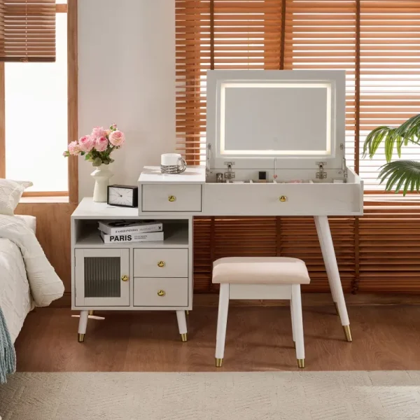 3 - in - 1 Vanity Desk with Lighted Flip - Top Mirror & Adjustable Cabinet, Makeup Dressing Table with Stool, Dresser with Drawers for Bedroom, White