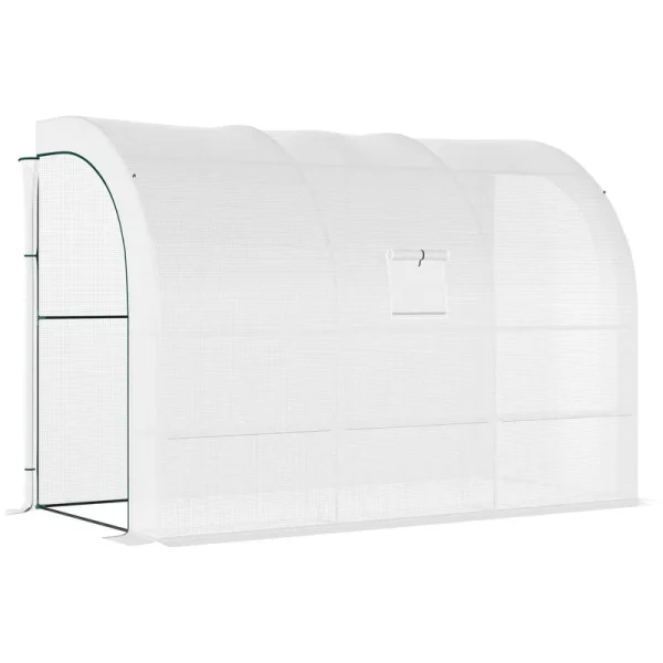 Outsunny 10' x 5' x 7' Lean to Greenhouse, Walk-In Green House, Plant Nursery with 2 Roll-Up Doors and Windows, PE Cover and 3 Wire Shelves, White