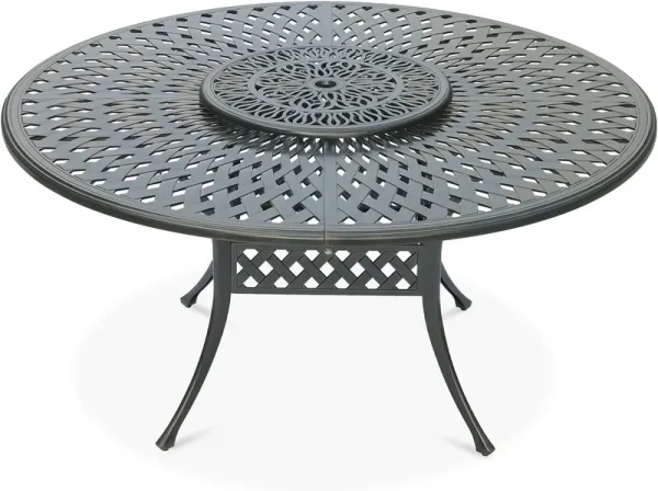 VIVIJASON Outdoor 61" Patio Dining Table for 6 - 8 Person, Large Patio Round Dining Table with 24" Lazy Susan, Dark Bronze Cast Aluminum Rustic Patio Table W/Umbrella Hole for Balcony, Porch and Deck