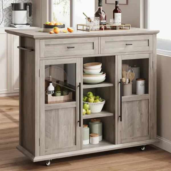 WALYWIK Foldable Kitchen Island Cart with Wheels, 2 Glass Doors, Spice Rack & Towel Holder - Compact Mobile Storage Cart for Small Kitchens, Dining Rooms, Camping & Rvs - Grey