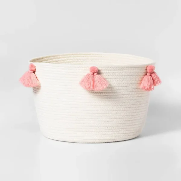 Pillowfort Natural Rose Pink Coiled Rope Basket with Tassels | Target