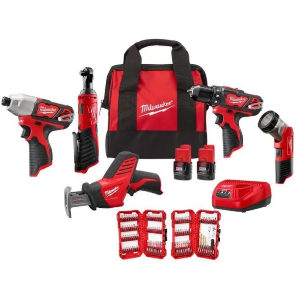 Milwaukee M12 12V Lithium-Ion Cordless 5-Tool Combo Kit w/SHOCKWAVE Impact Duty Alloy Steel Screw Driver Bit Set (120-Piece)