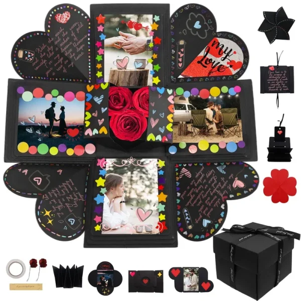 Explosion Box Gifts, Surprise Creative DIY Photo, Exploding Love Box, Love Memory Photo Box w/ 4 Faces for Anniversary, Birthday, Valentines Day