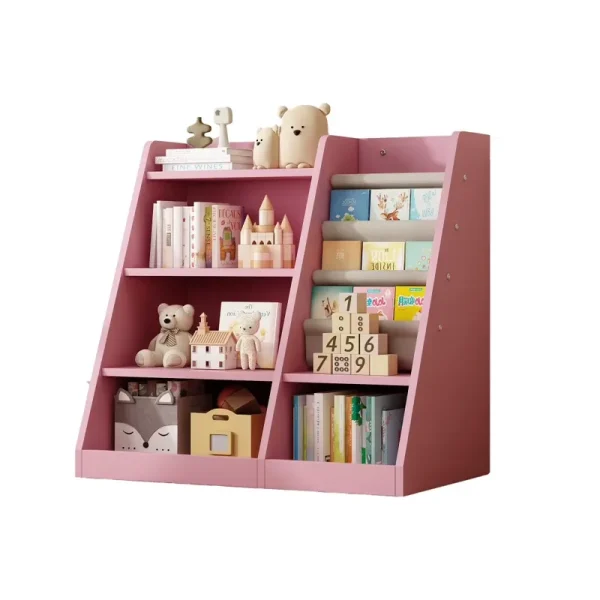 IVV Montessori Kid Bookshelf, Modern Wood Bookcase 4 Tier Children Book Rack Display Toy Storage Organizer Sling Book Rack for Classroom Bedroom Nursery Playroom (Pink)