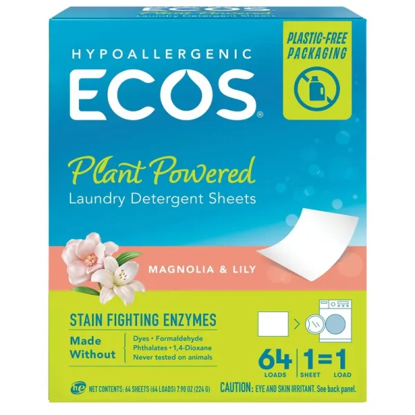 Ecos Laundry Detergent, Magnolia & Lily, Plant Powered - 64 sheets, 7.90 oz