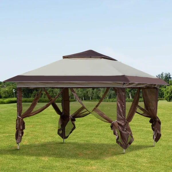 Outsunny 12' x 12' Pop Up Canopy Sun Shade Instant Tent Folding with Mesh Sidewall Netting, 3-Level Adjustable Height - Beige