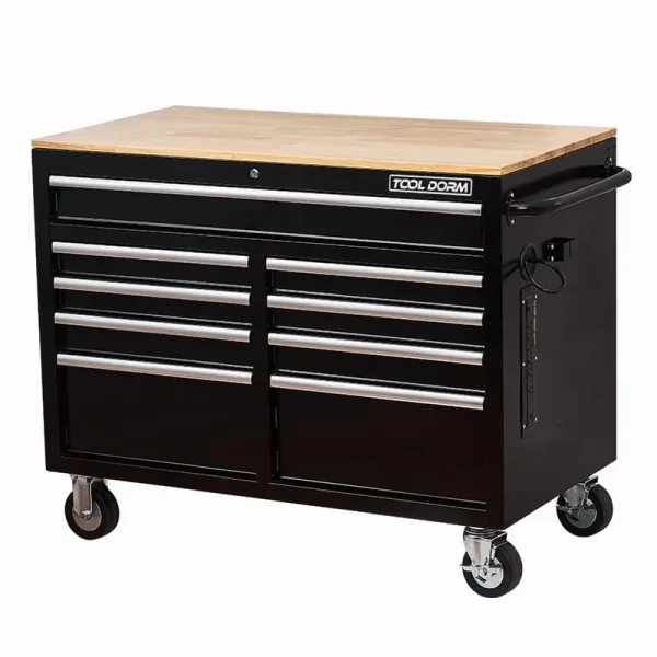 Rolling Tool Chest Extra - Deep 46in 9 - Drawers, Mobile Tool Storage Cabinet/Work Bench with Wooden Top/Power Strip, Equipped with Casters, Handle, Liner, and Locking System, 1200 lb Capacity
