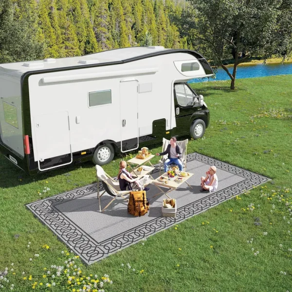 Outsunny RV Mat, Outdoor Patio Rug / Large Camping Carpet with Carrying Bag, 9' x 18', Waterproof Plastic Straw, Reversible, Black & Gray Border