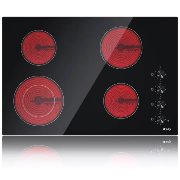 IsEasy Ceramic Cooktop with Knob, 30 inch 4 Burners Electric Stove, 220-240V 6700W, Black