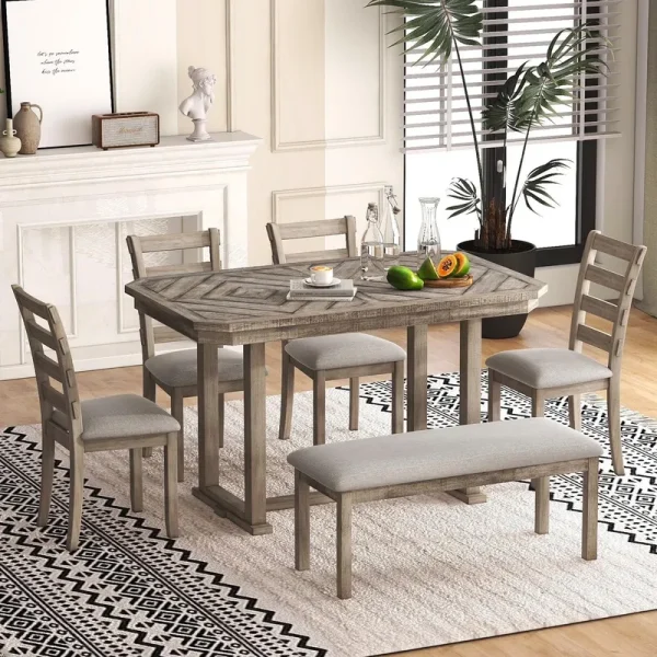 Bellemave 6 - Piece Dining Table Set, Rubber Wood Rectangular Kitchen Table Set for 6, Farmhouse Dining Table Set with 4 Upholstered Chairs and Bench (Gray)