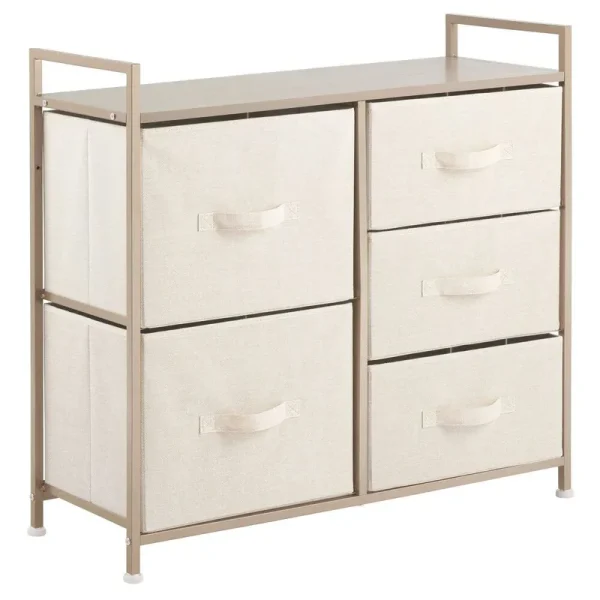 mDesign Storage Dresser Furniture with 5 Removable Fabric Drawers - Cream/Gold