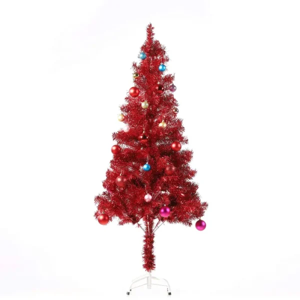 Wellwood 5 ft Tinsel Christmas Tree with 24ct Assorted Ornament Set, Metal Stand