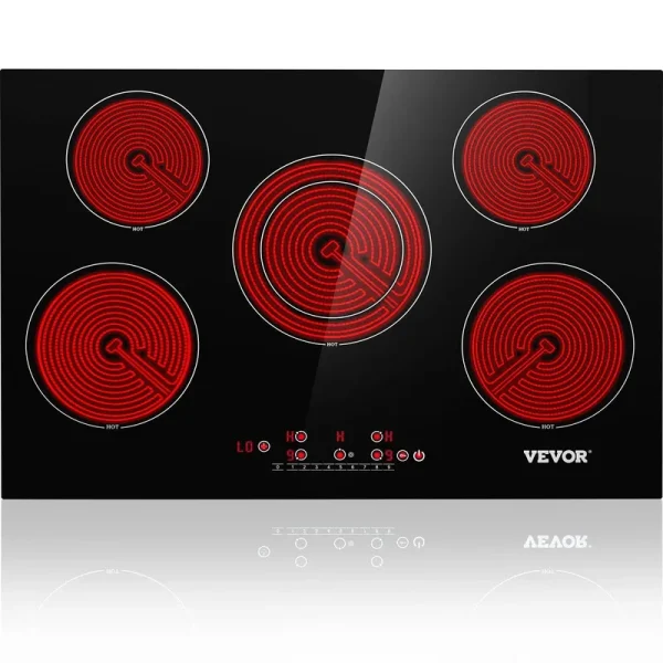 VEVOR Built in Electric Stove Top 30.3 x 20.5 inch 5 Burners 240V Ceramic Glass Radiant Cooktop with Sensor Touch Control Timer & Child Lock