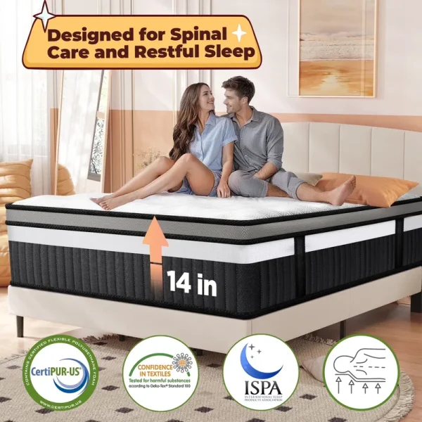 King Mattress, 14 in Gel Memory Foam Hybrid Mattress in a Box, Cooling & Breathable Design, Zoned Pressure Relief, Medium Firm Feel, Certipur - US Certified
