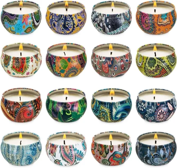 fclayvts Set of 16 Small Scented Candles Soy Wax Aromatherapy Candles 2.5 oz Portable Tin Candles with Lid, Relaxation Gifts Basket for Mother, Women,