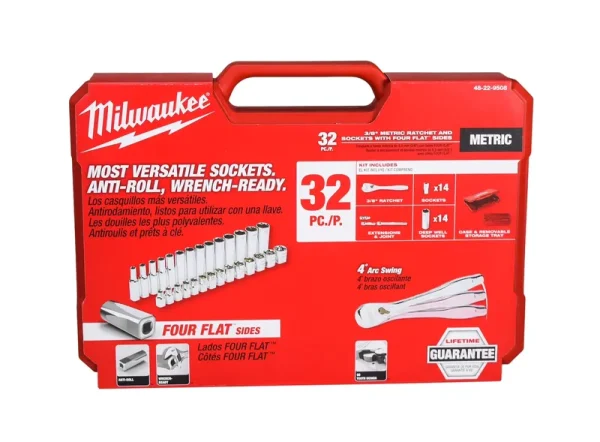 MILWAUKEE 32 - Piece Metric 3/8 In. Drive Ratchet & Socket Set - Slim Profile, 90 - Tooth, Deep & Standard Sockets (48 - 22 - 9508)